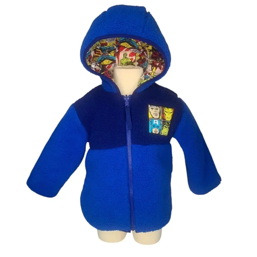 Marvel Reversible Hoodie Jacket Avenger Print Two Tones Blue Front Pockets Sz 2T